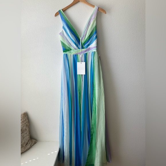 MAC DUGGAL | blue green multicolor stripe plunge maxi gown 4 - Picture 5 of 14